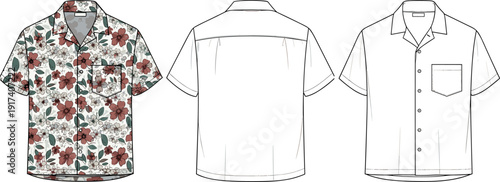 Men's Floral Hawaiian Shirt Vector Illustration, Short Sleeve Camp Collar Technical Flat Sketch