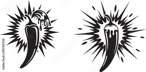 Spicy chili pepper silhouette icons with heat explosion effect and melting sauce for hot food restaurant branding mexican cuisine menu design illustration art vector