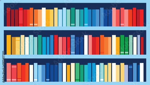 Three shelves of colorful books neatly organized