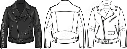 Men's Leather Biker Jacket Vector Illustration, Black Moto Jacket Technical Flat Sketch