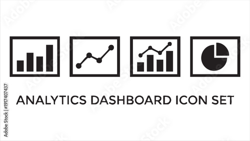 Analytics dashboard icon set displaying bar charts, line graphs, and pie charts for data visualization