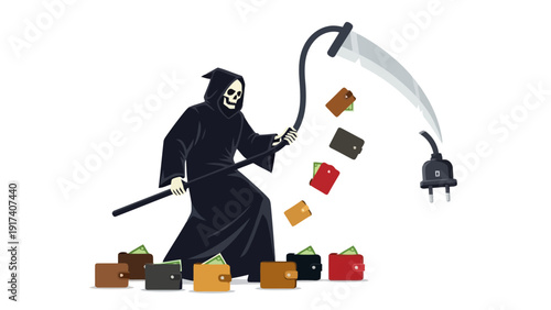 Skeleton grim reaper wielding a scythe that hooks an electrical plug scattering wallets