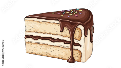 Slice of layer cake with chocolate glaze and colorful sprinkles