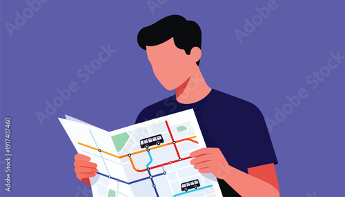 Man studying a folded map with bus routes and street grids