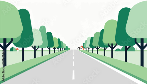 A stylized, flat illustration of a straight road lined with trees leading to distant houses