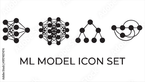 Set of black machine learning model icons representing neural network architectures and data science structures