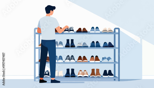 Man selecting shoes from a multi-tiered rack