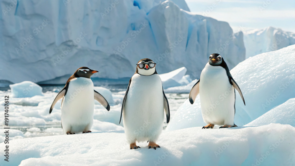 Fototapeta premium Three penguins stand on ice in Antarctica with a backdrop of icebergs and water on a sunny day