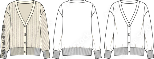 Women Knit Cardigan Sweater Vector Illustration, V-Neck Button Down Technical Flat Sketch