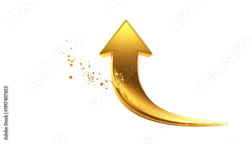 A golden, upward-pointing arrow with a curved tail, and scattered gold sparkles on a transparent background