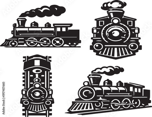 black silhouette vector steam engine train set icon