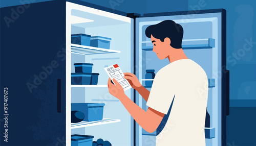 Person checks list in open refrigerator with food containers and blue accents