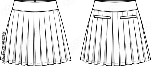Women's Pleated Mini Skirt Vector Illustration, Tennis School Skirt Technical Flat Sketch