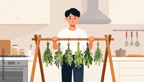 Person in kitchen drying herbs on wooden rack