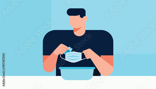 Person cleaning a protective face mask over a basin