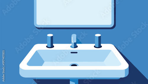 Minimalist bathroom sink and mirror depicted in cool blue tones