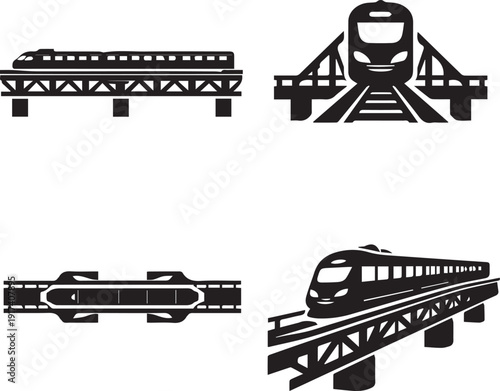 black silhouette vector  set   train above the bridge .