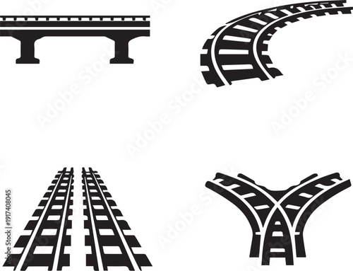 balck silhouette vector railway road and bridge  and junction  vector set 