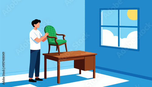 Person placing chair on table next to window with sun