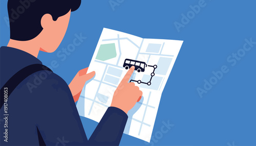 Person points to bus route on city map