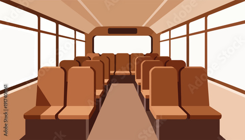 Interior of a bus with empty brown seats and large windows on either side