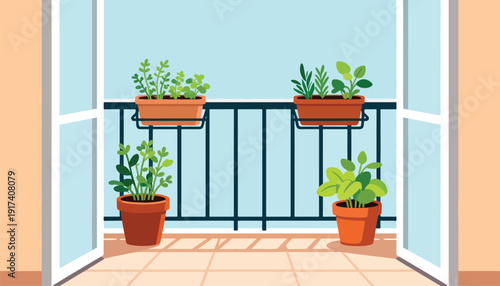 Potted plants on a balcony, viewed from inside through glass doors