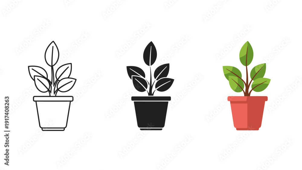 Obraz premium Three small potted plants with different colored leaves and pots Vector