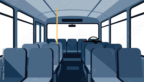 Interior view of an empty bus, showing rows of blue seats and the driver's area