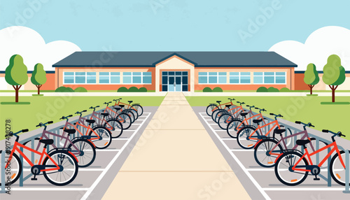 Rows of bicycles parked neatly in front of a school building
