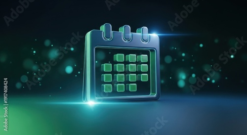 3D metallic calendar icon with green glow, floating against a blurred teal bokeh background