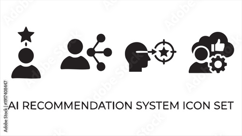 Ai recommendation system icon set showing user, connections, targeting, and user feedback with thumbs up