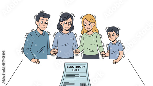 Family members fearfully view a high electricity bill on a table