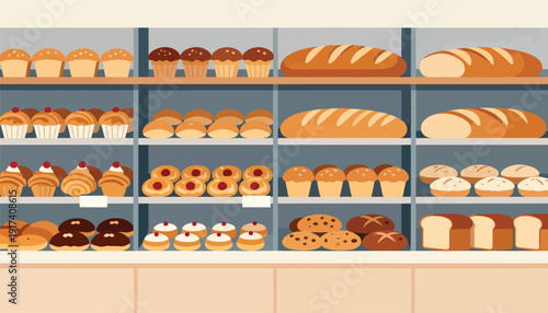 Shelves stocked with an assortment of baked goods, including loaves of bread, cupcakes, donuts, and buns