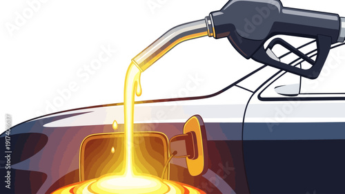 Fuel nozzle pouring glowing liquid into a cars fuel tank opening