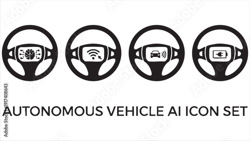 Autonomous vehicle AI icon set: steering wheel with AI brain, wifi, car sensor, and battery symbols