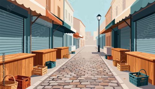 Cobblestone street with closed market stalls and wooden crates