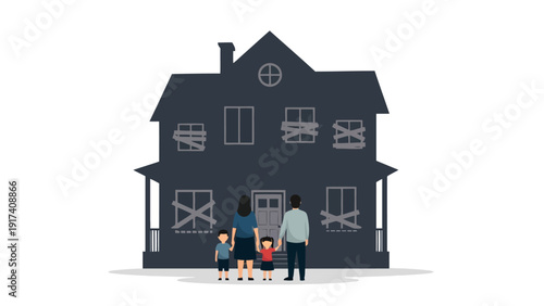 Family standing before a dark twostory house with boardedup windows
