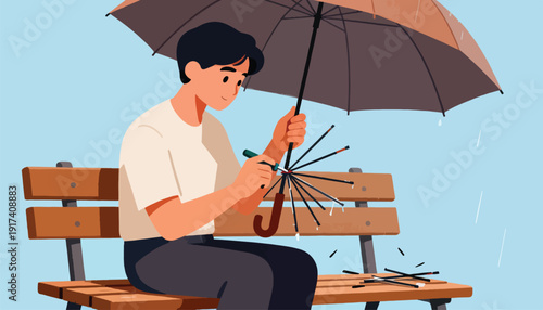 Person repairing umbrella on park bench in rain