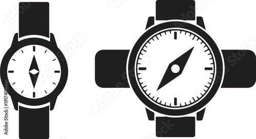 Two black silhouette compass watches isolated on white background simple minimalist vector illustration symbol for direction travel navigation