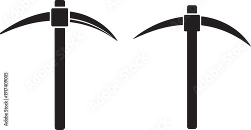 Two black silhouette pickaxe vector illustration icons isolated on a transparent background, mining tool for digging in underground work