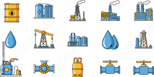 Oil and gas industry flat icons set, refinery drilling fuel tanks pipeline energy production vector collection