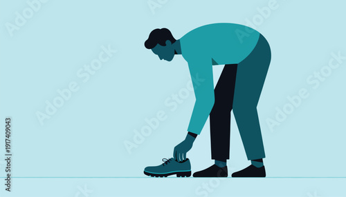Person tying shoelaces on a blue shoe against a light blue background