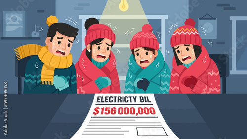 Four cold people stare at an enormous electricity bill for 156000000