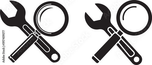 Two black silhouette wrench and magnifying glass vector illustration icons isolated on a transparent background, search and repair concept
