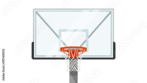 Front view of a transparent basketball backboard rim and net