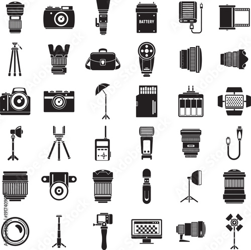 A diverse collection of photography and videography equipment icons