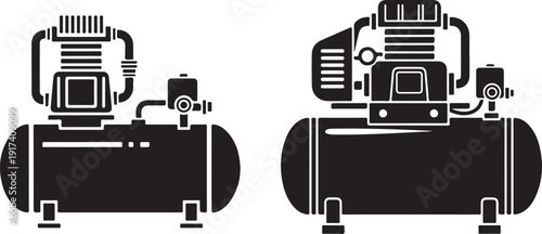 Two distinct air compressor icons vector illustration, displaying variations in design and arrangement of components for industrial use