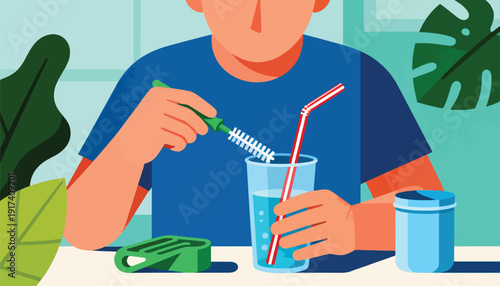 Person cleaning a straw in a glass of water with a brush