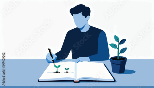Person writing on open book with sprouts and potted plant