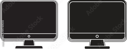 Two flat screen monitors with circular buttons, desktop computer display, modern technology device, electronic screen